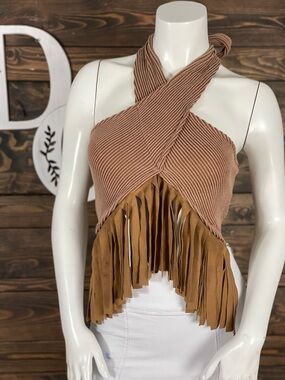 Blue Buttercup | Suede Fringed Cross Halter Crop Top Open Back Ribbed Knit Camel